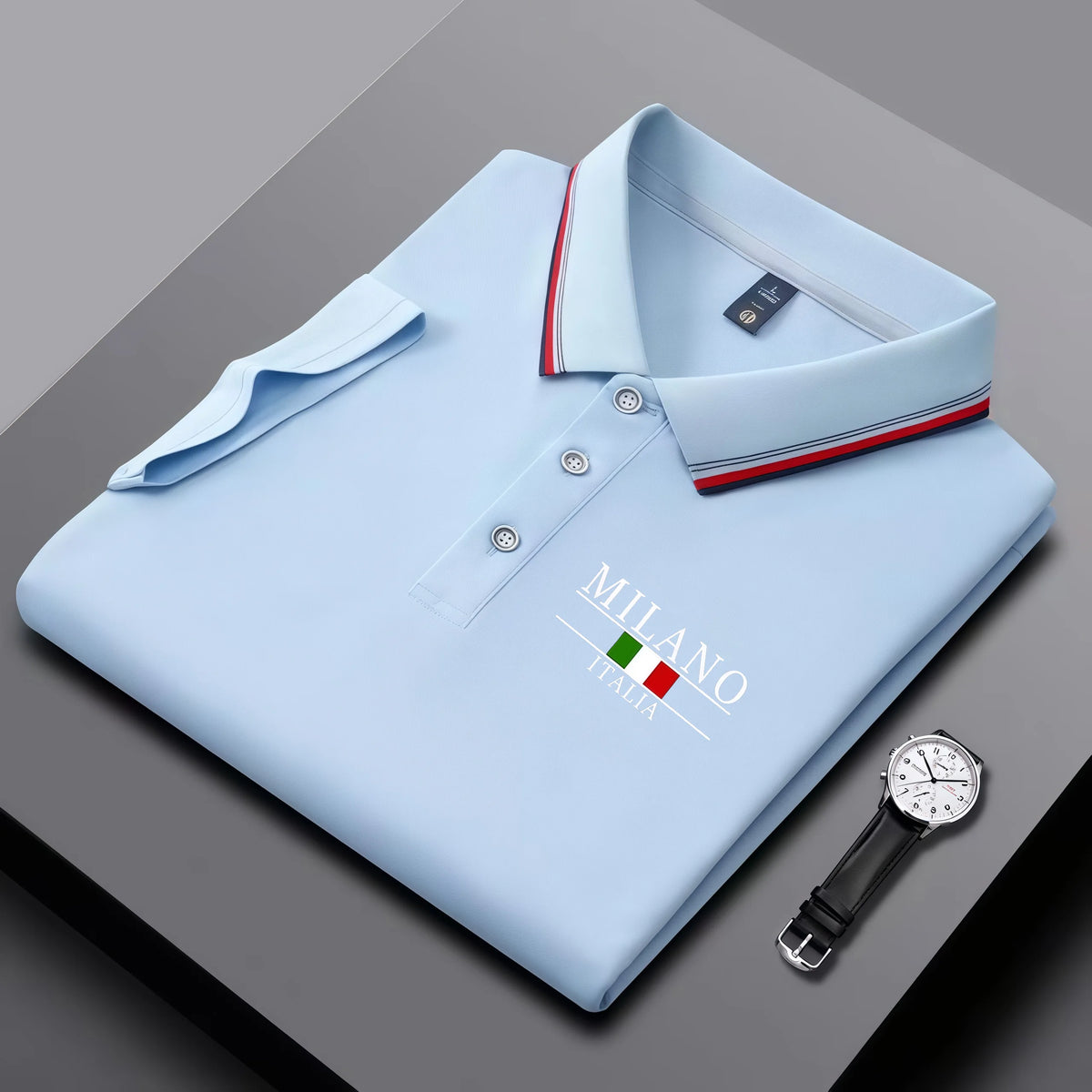 Black men's summer polo shirt by Corporación Turística with Milan print, striped collar, breathable fabric, perfect for warm weather.