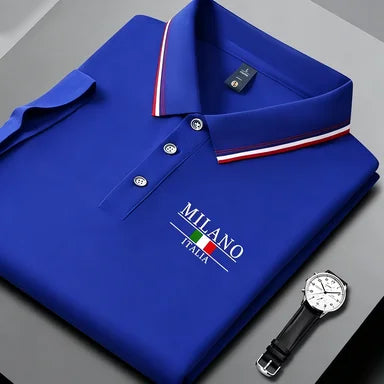 Men's summer polo shirt by Corporación Turística with Milan print, striped collar, breathable fabric, black color, casual style.