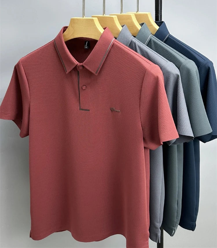 Army green men's short sleeve polo shirt by Corporación Turística, breathable casual diamond-patterned design for summer wear.