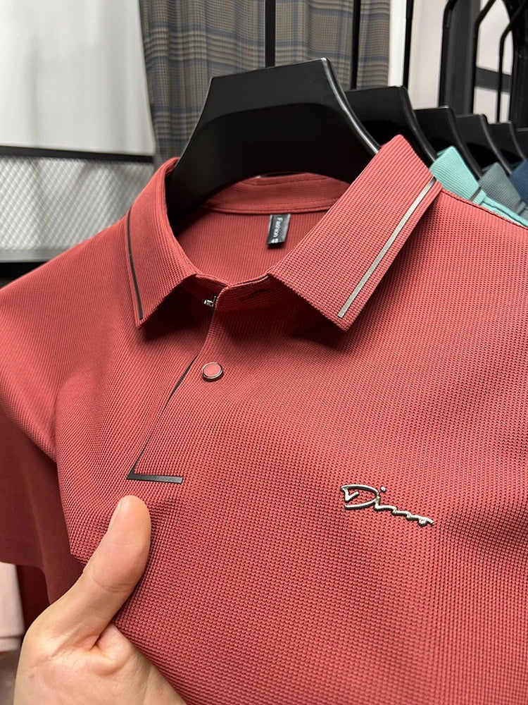 Army green men's short sleeve polo shirt by Corporación Turística featuring breathable, casual diamond design for summer.