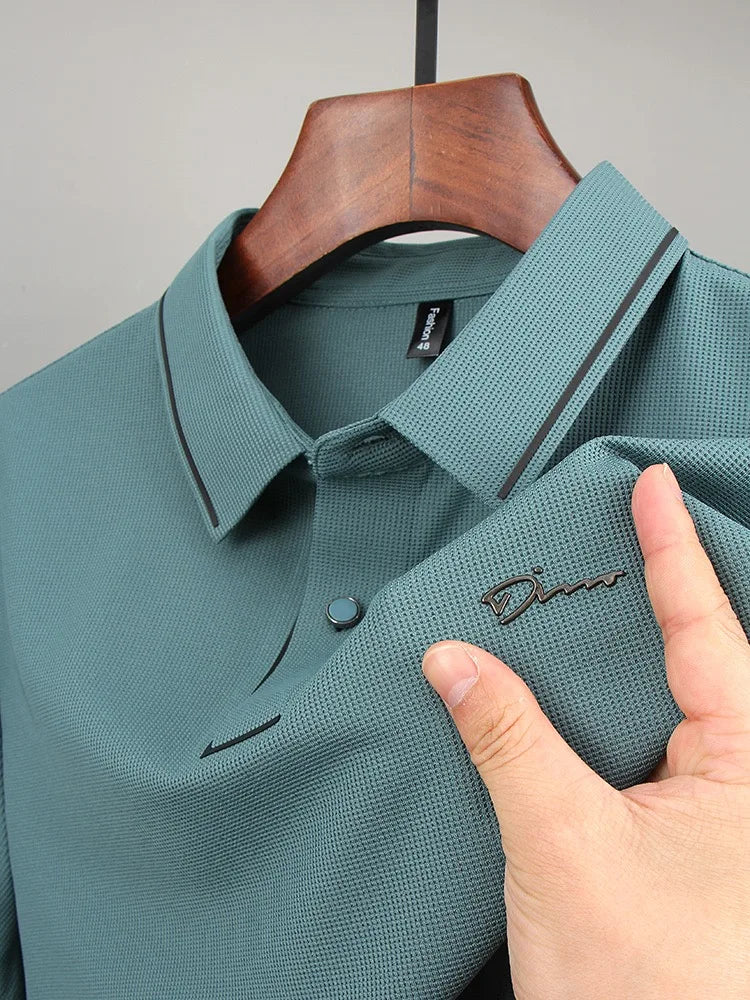 Army green men's short-sleeve polo shirt by Corporación Turística with diamond pattern, breathable and casual for summer.