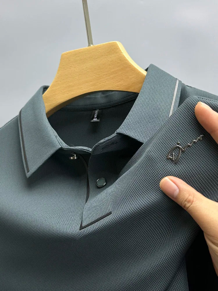 Army green men's short-sleeve polo shirt with diamond pattern, breathable casual polo from Corporación Turística, XL size.