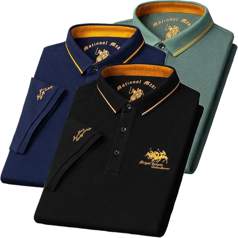 Black luxury embroidered men's polo shirt with short sleeves, breathable fabric, perfect for summer, from Corporación Turística.