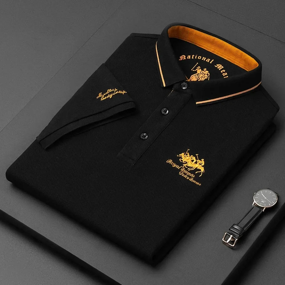 Black men's luxury embroidered polo shirt with short sleeves, breathable fabric, ideal for summer, by Corporación Turística.