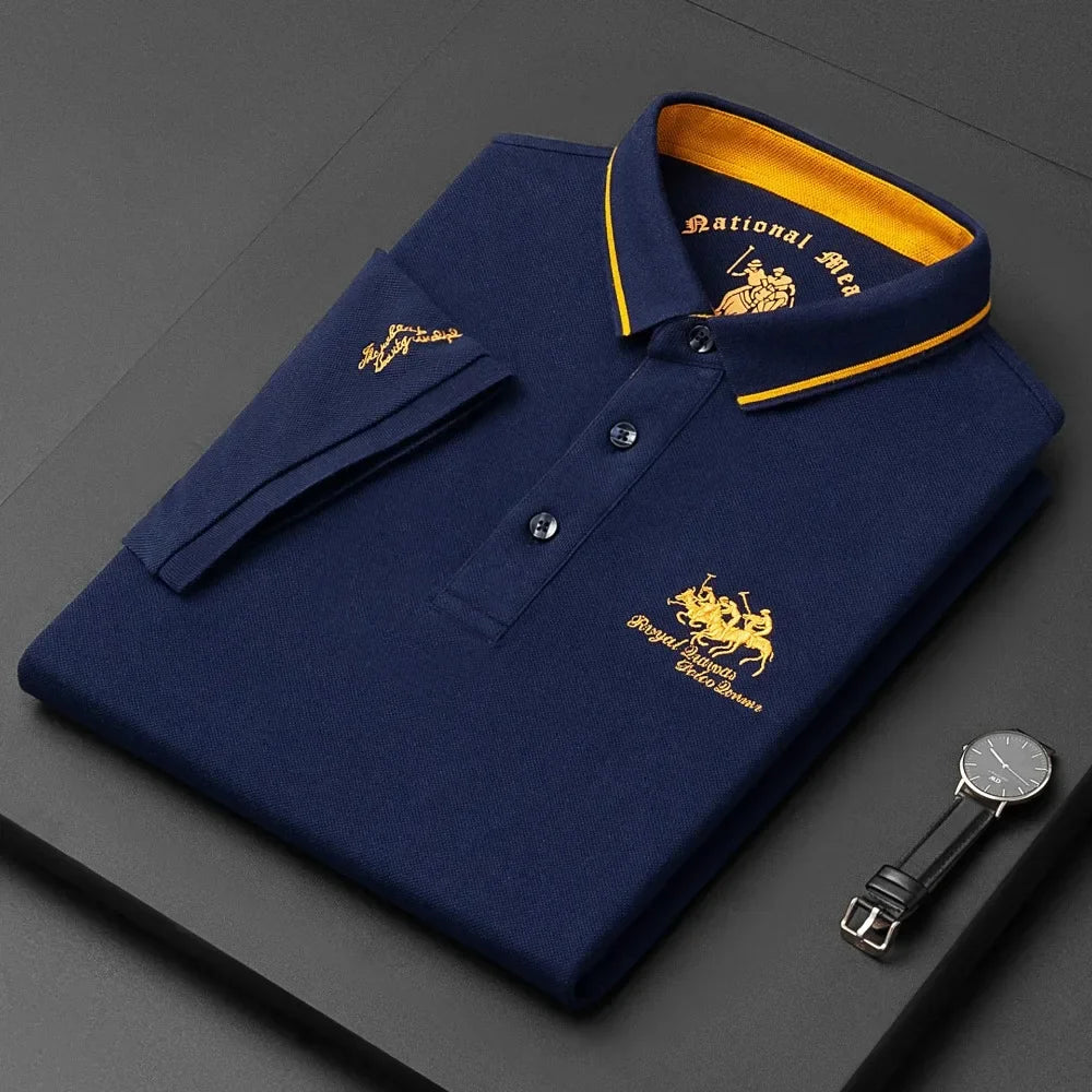 Black luxury embroidered polo shirt for men, short-sleeve, breathable summer clothing by Corporación Turística, in 4XL size.