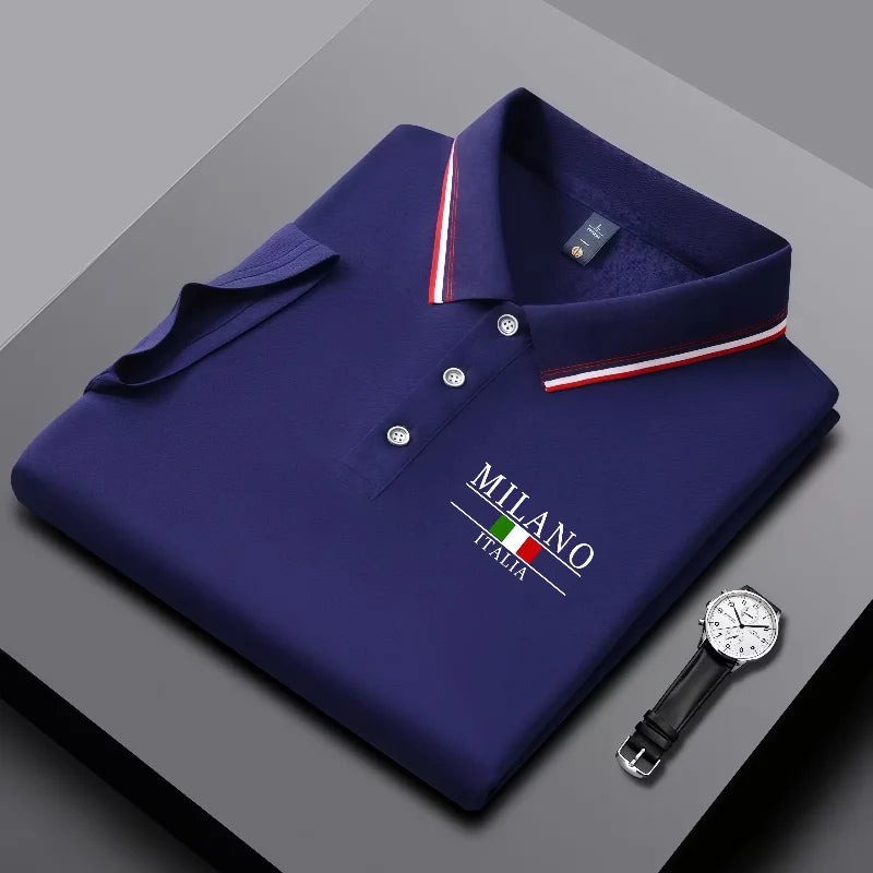 Men's summer polo shirt by Corporación Turística with Milan print, striped collar, breathable casual style.