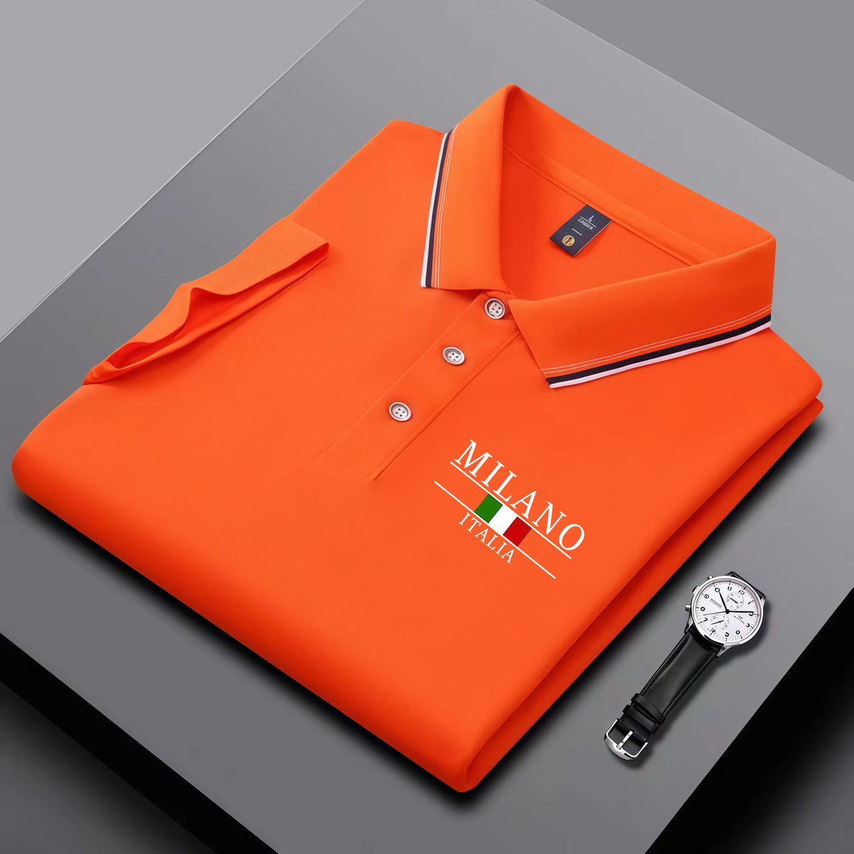 Men's summer polo shirt by Corporación Turística featuring Milan print, striped collar, breathable casual cotton fabric.