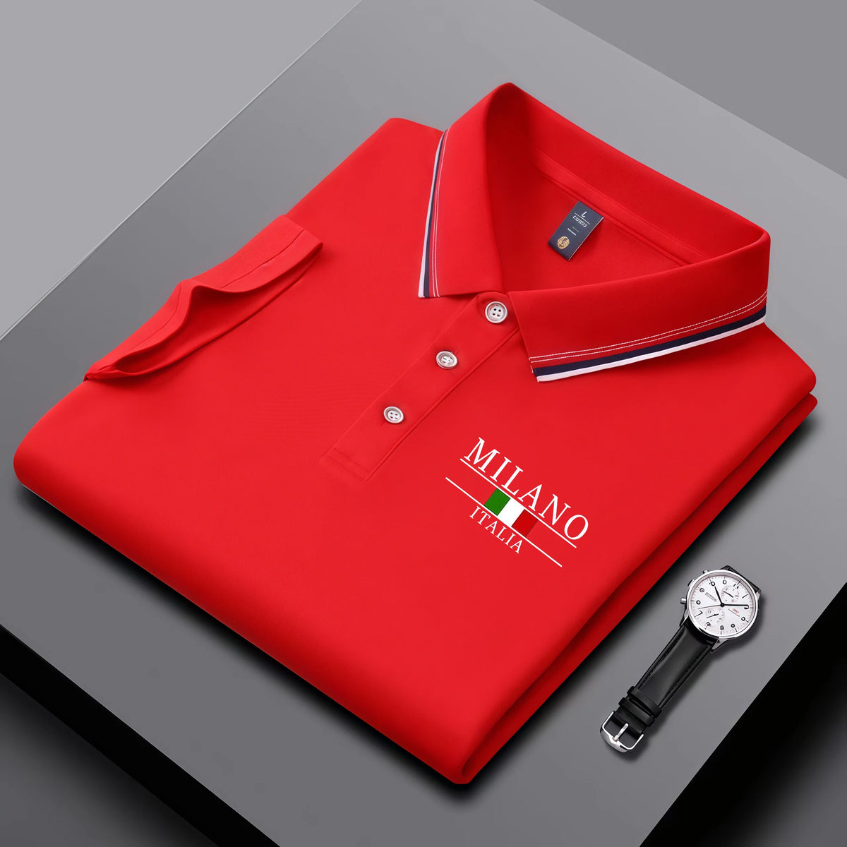 Men's summer polo shirt by Corporación Turística, black breathable casual polo with Milan print and striped collar.