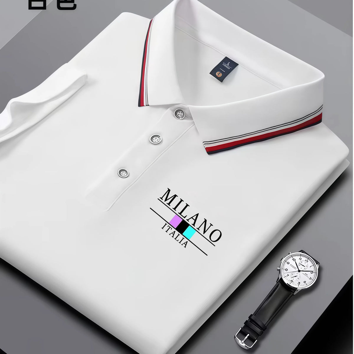 Black men's summer polo shirt by Corporación Turística with Milan print, striped collar, breathable casual style.