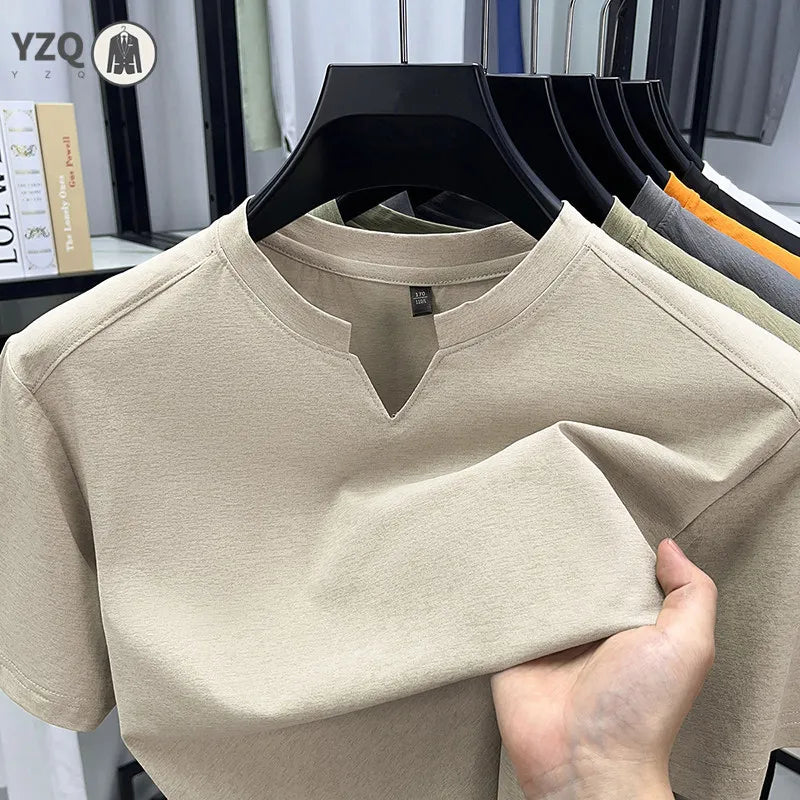 Black Korean V-Neck T-shirt for men by Corporación Turística, casual summer short-sleeve shirt in size S to 4XL.