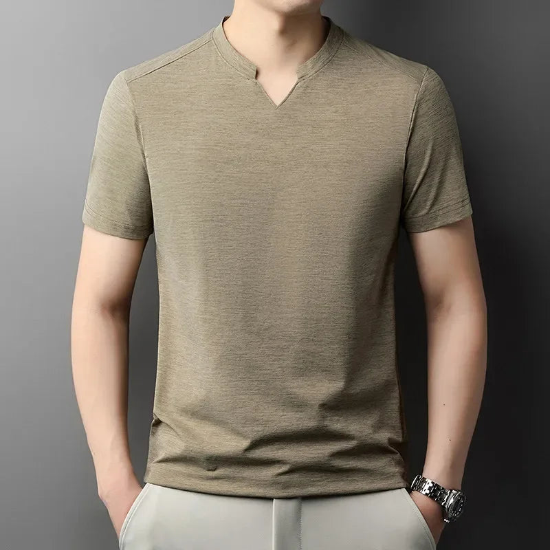 Black Korean V-Neck T-shirt for men by Corporación Turística, casual summer breathable short-sleeve shirt in sizes S to 4XL.