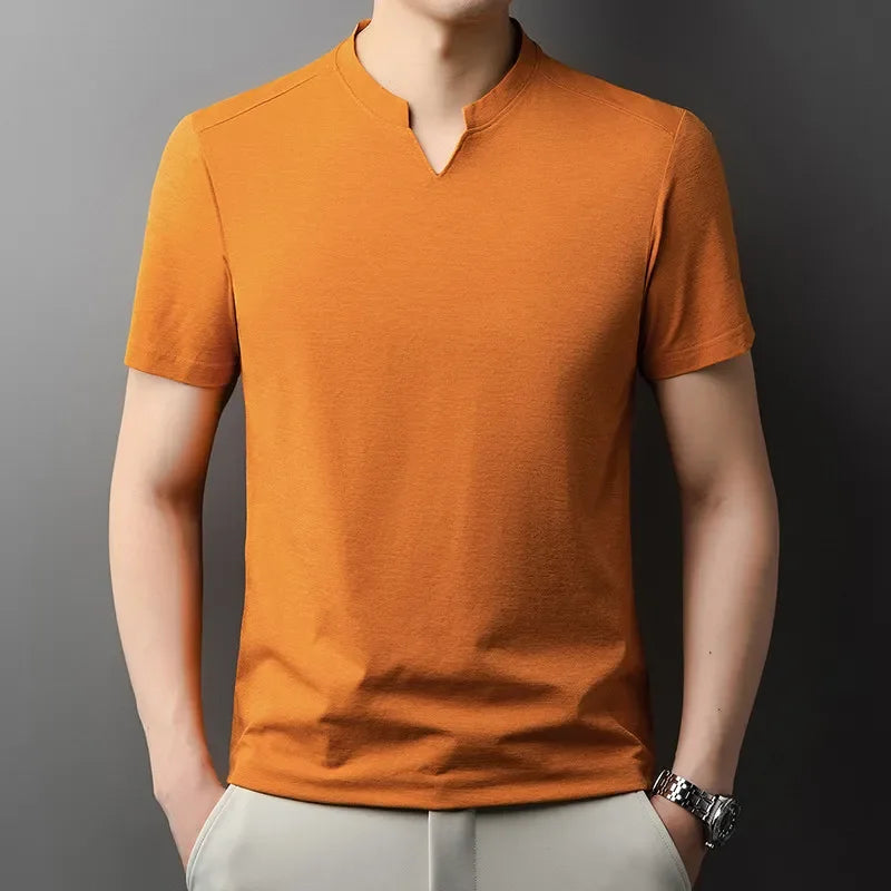 Black Korean V-Neck T-Shirt for men by Corporación Turística, casual, breathable summer short-sleeve shirt in sizes S to 4XL.