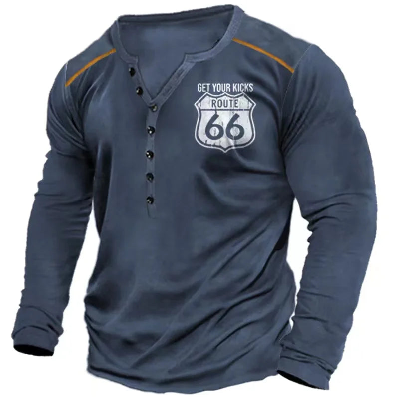 Long sleeve vintage Yellowstone Ruta 66 T-shirt for men in dark gray by Corporación Turística, featuring retro travel design.