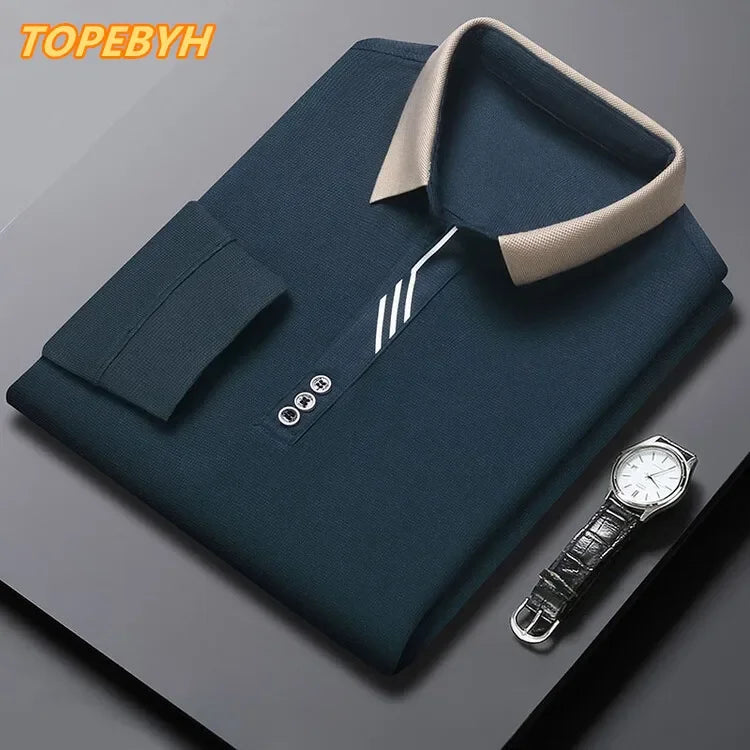 White long-sleeve waffle knit men's camiseta from Corporación Turística with high collar, casual and business style.