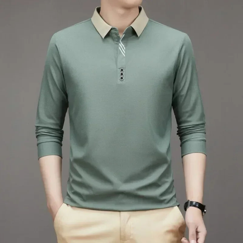White men's waffle knit long-sleeve shirt with high collar, casual and business style by Corporación Turística
