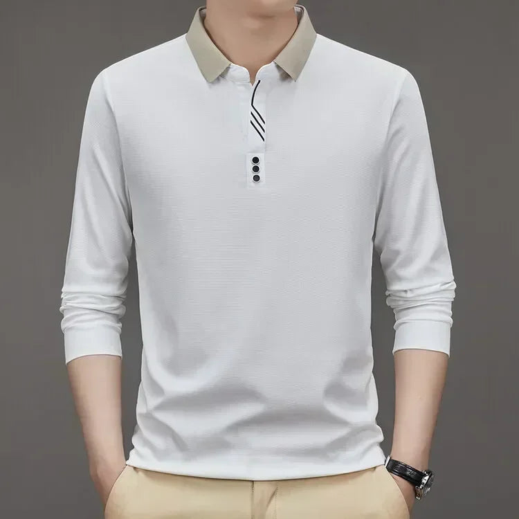 White men's waffle-knit long sleeve T-shirt with high collar, casual and business style by Corporación Turística.