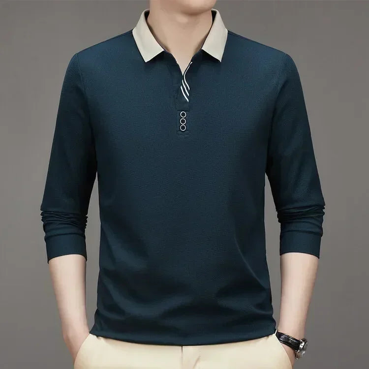 White men's waffle knit long sleeve t-shirt with high collar, casual and business style, by Corporación Turística.