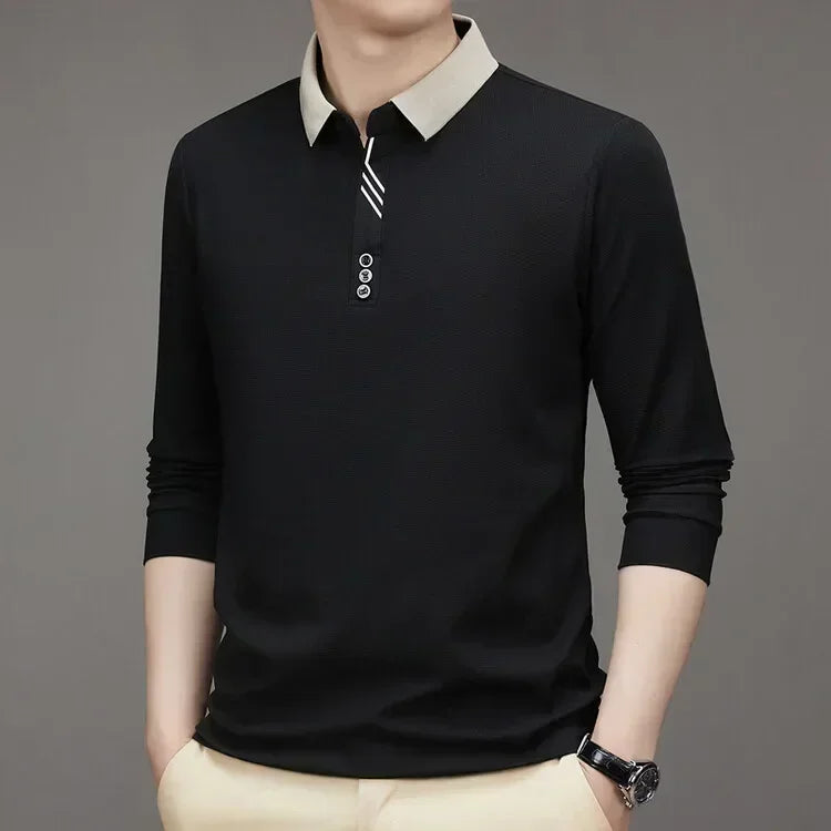 White long-sleeve waffle-knit men's t-shirt with a high collar, casual and business style by Corporación Turística.