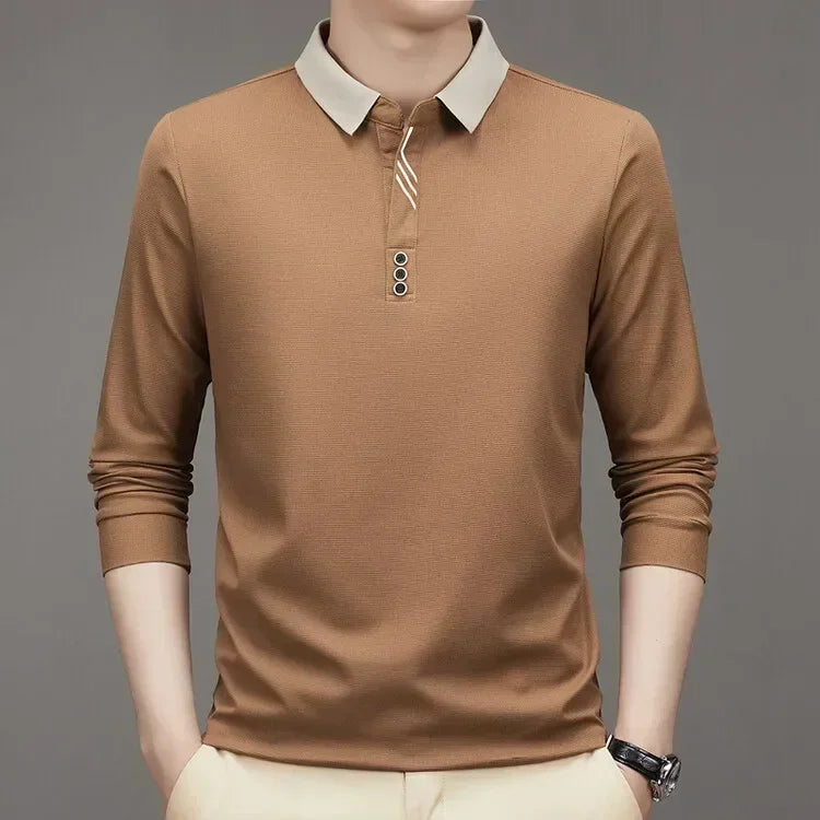 White men's waffle knit long-sleeve t-shirt with high neck, casual and business style by Corporación Turística.