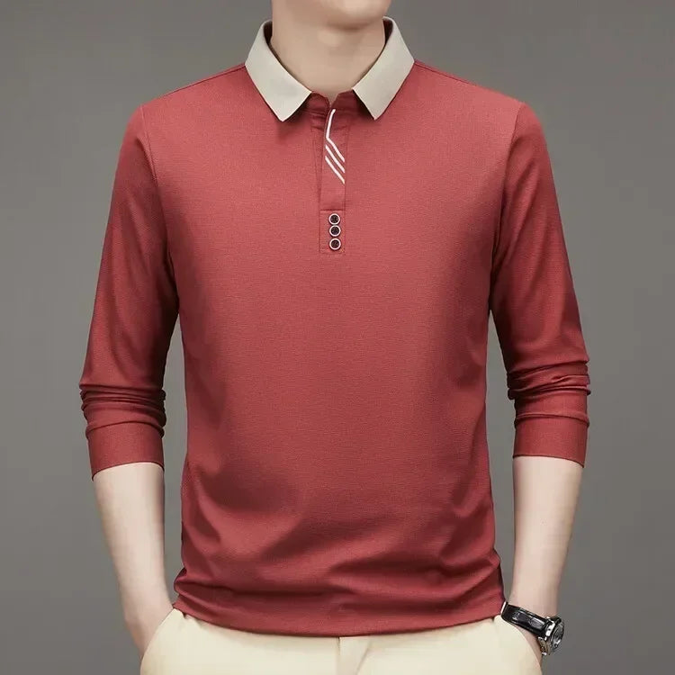 White men's waffle-knit long-sleeve t-shirt with high collar, casual and business style by Corporación Turística.