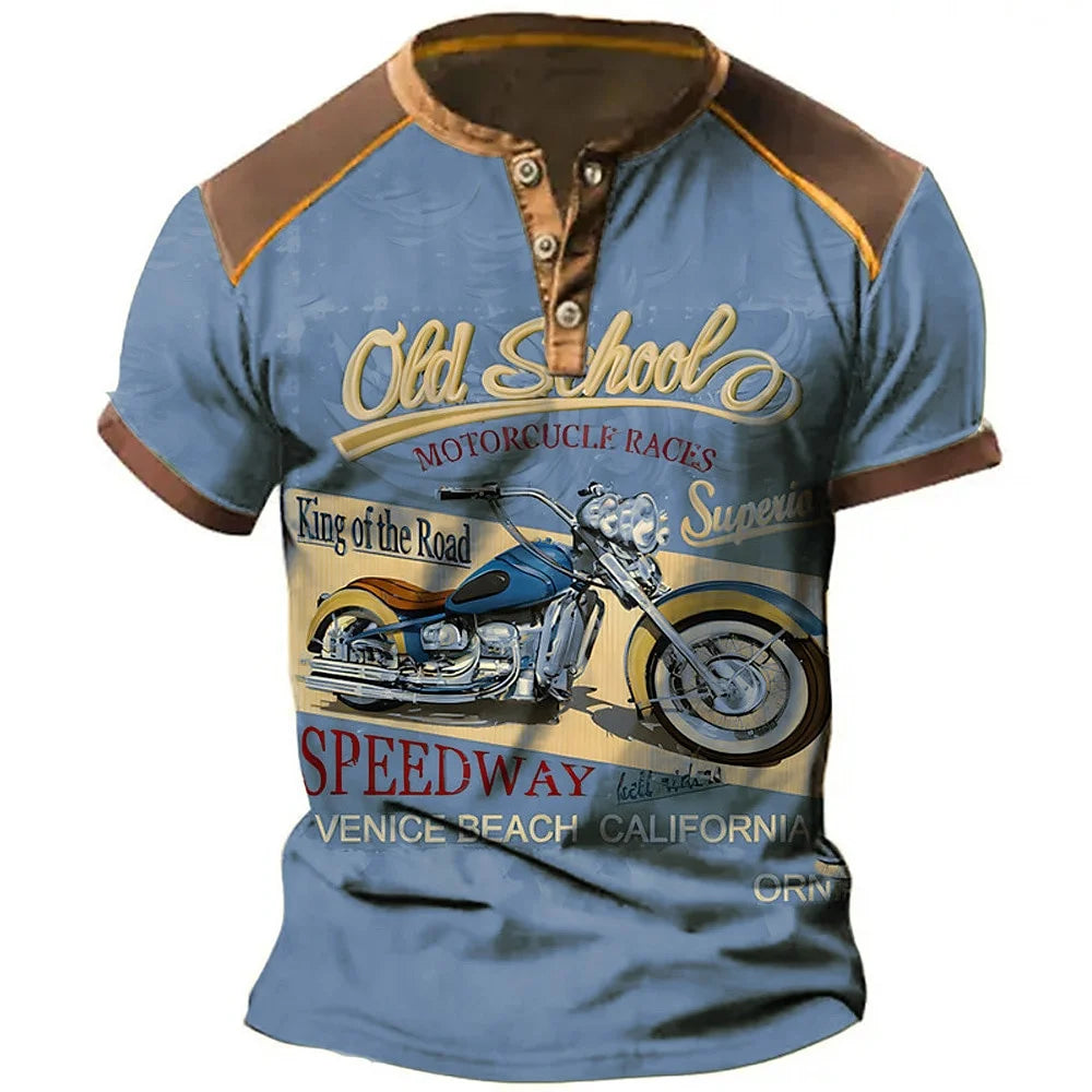 Men's Henley Moto 3D T-shirt by Corporación Turística, short sleeve summer casual shirt with graphic design, size XXXL.