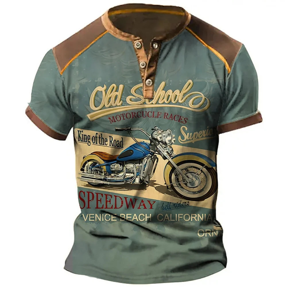 Men's Honda Moto 3D Henley T-shirt by Corporación Turística, short sleeve summer casual shirt with motorcycle graphic.