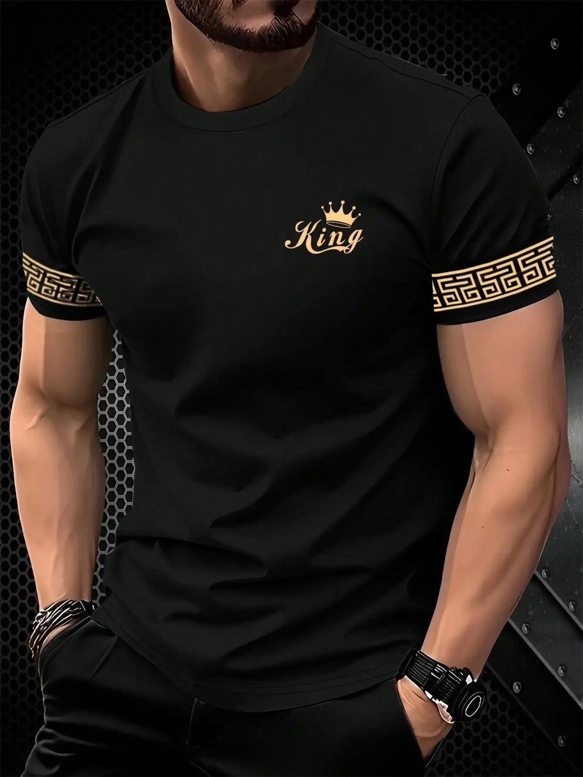 Black men's "King" T-shirt by Corporación Turística with gold print, casual style, featuring a bold graphic design.
