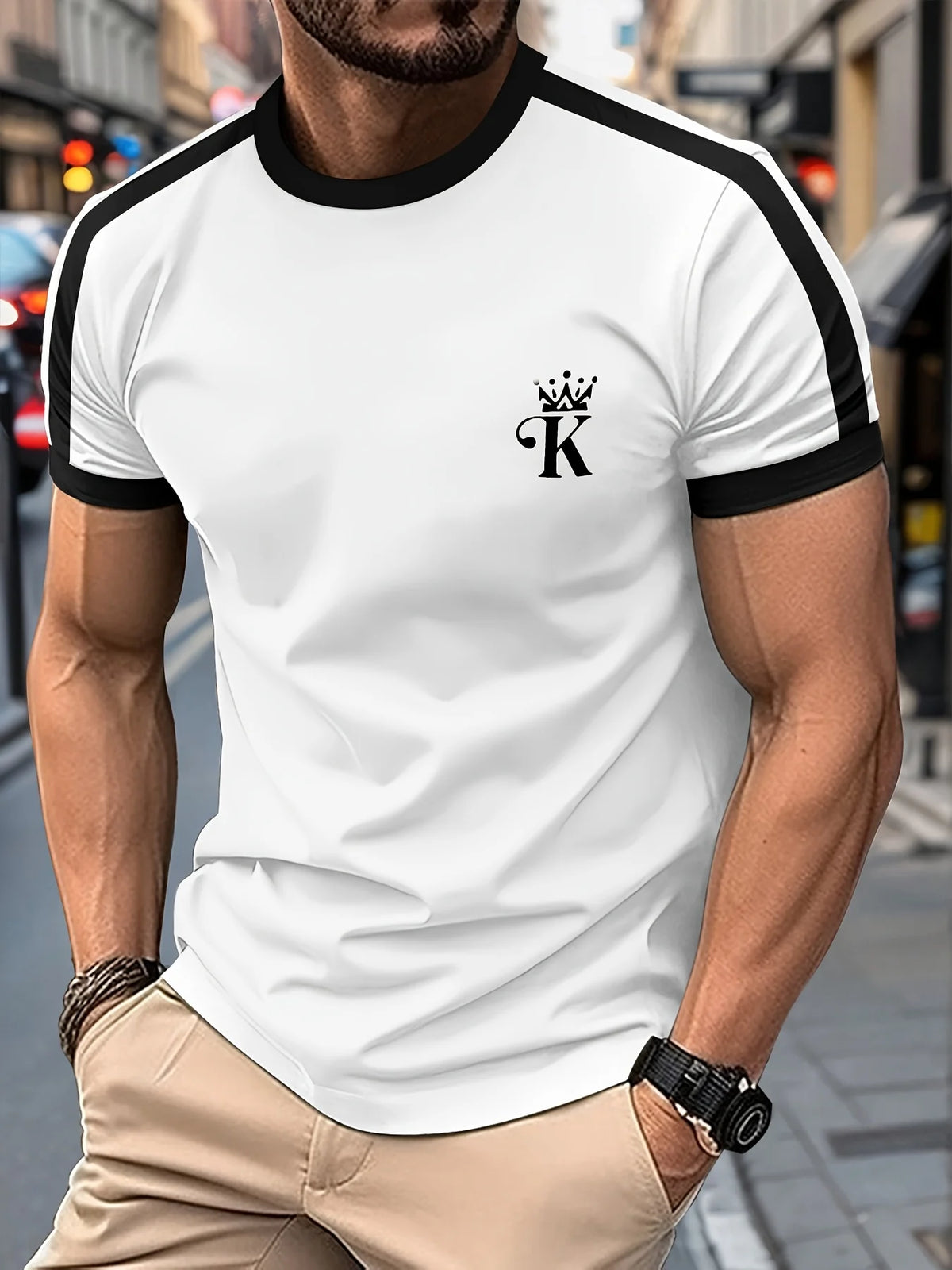 Black men's "King" T-shirt by Corporación Turística with gold print, casual style, short sleeves, and crew neck.