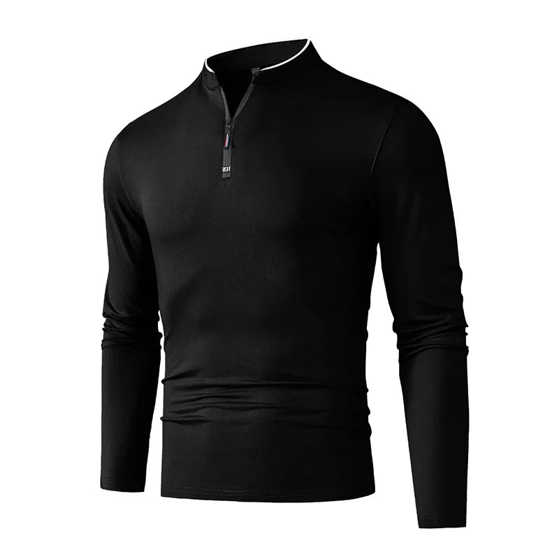 Long sleeve men's polo shirt by Corporación Turística in black, featuring a half zipper, anti-wrinkle fabric, suitable for casual or business wear.
