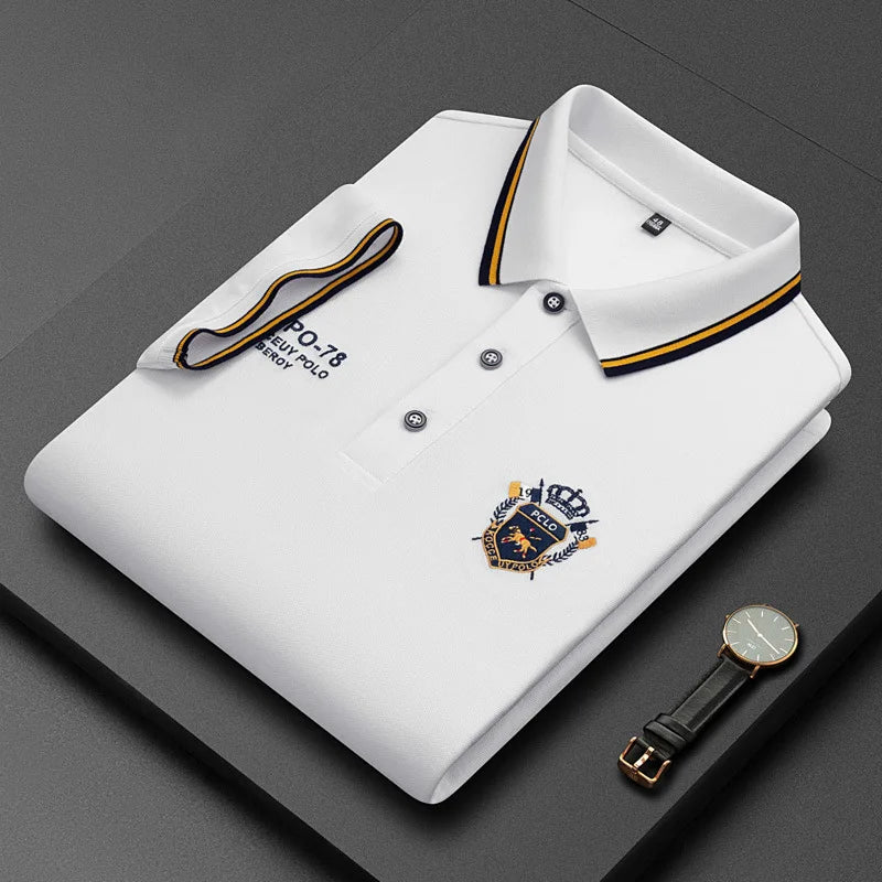 White embroidered cotton polo shirt for men by Corporación Turística, casual and breathable summer style.