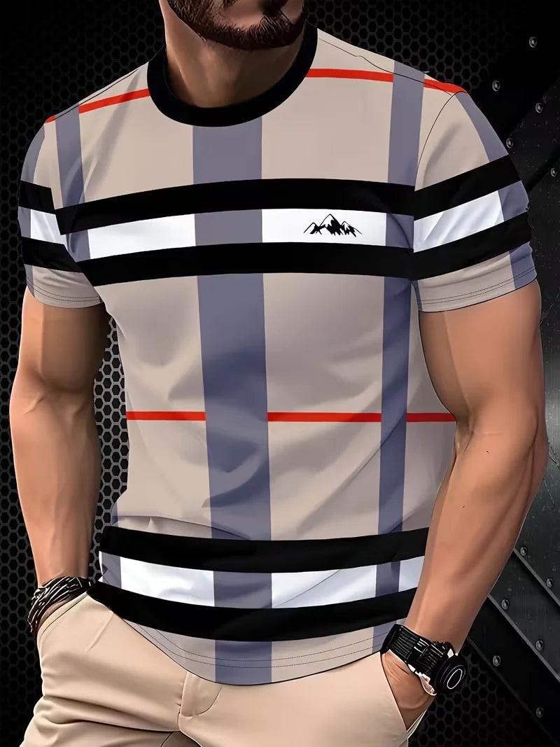 Beige and gray men's summer T-shirt with plaid and striped pattern, slim fit style from Corporación Turística.