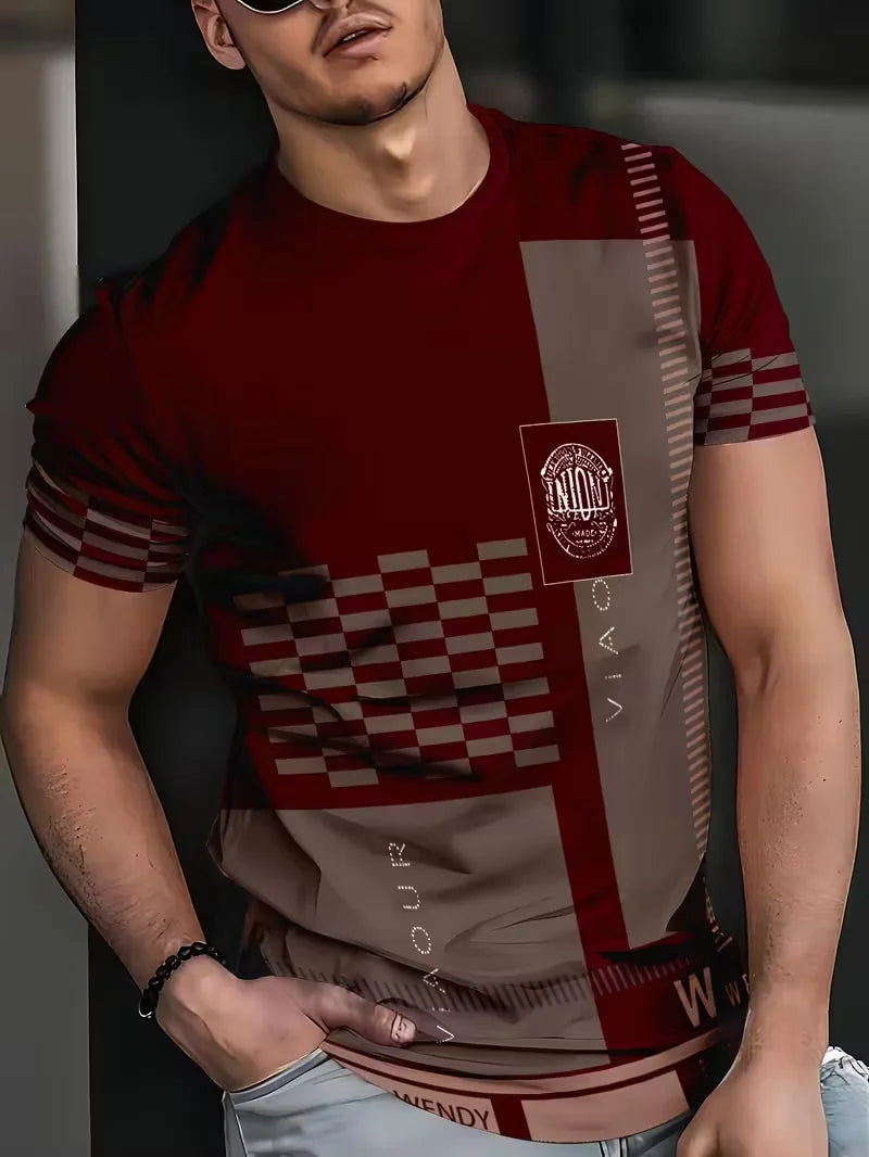 Beige and gray men's summer slim fit T-shirt with plaid and striped patterns, from Corporación Turística.
