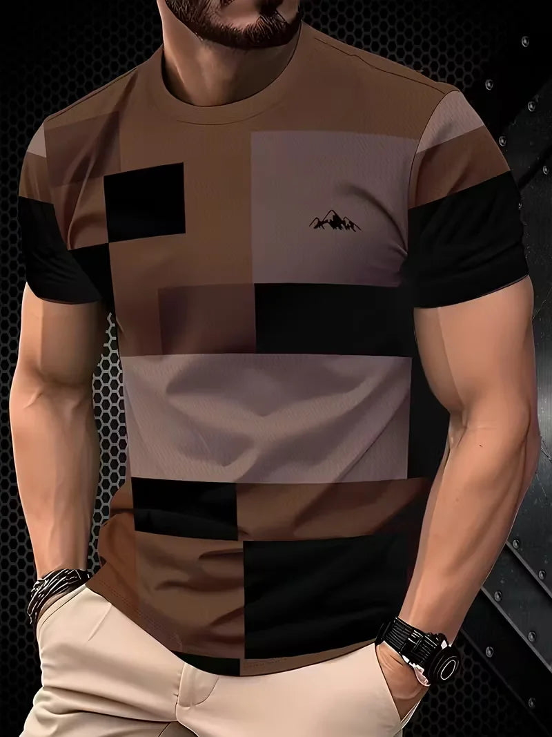 Beige and gray men's summer slim fit plaid and striped T-shirt from Corporación Turística, casual clothing for warm weather.