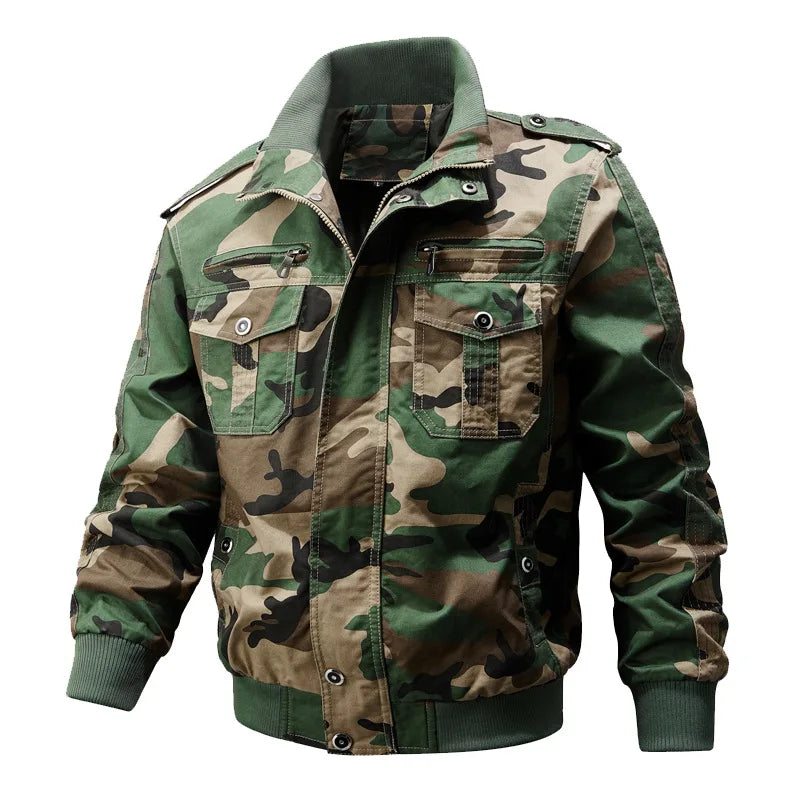 Camouflage cargo jacket for men with multiple pockets, in size 6XL, suitable for spring and fall, by Corporación Turística.