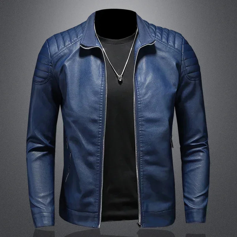 Casual men's high-neck blue leather jacket by Corporación Turística, suitable for spring and fall, in 4XL/XXL size.