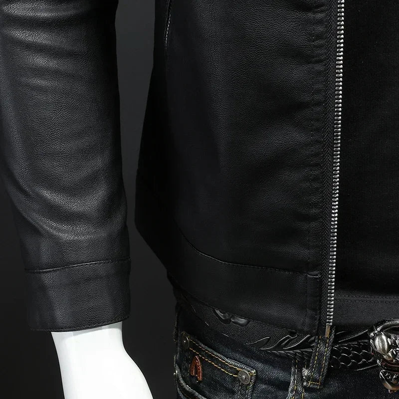 Blue men's high-neck casual PU leather jacket by Corporación Turística, suitable for spring and autumn, in size XXL.