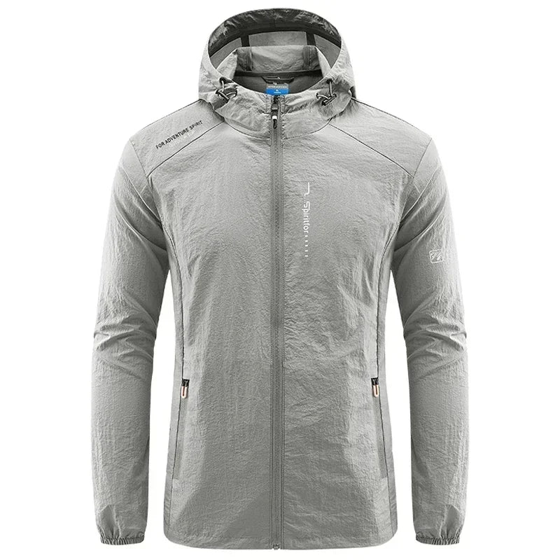 Light grey men's UPF50+ quick-dry sports jacket by Corporación Turística, designed for solar, hiking, and cycling activities.