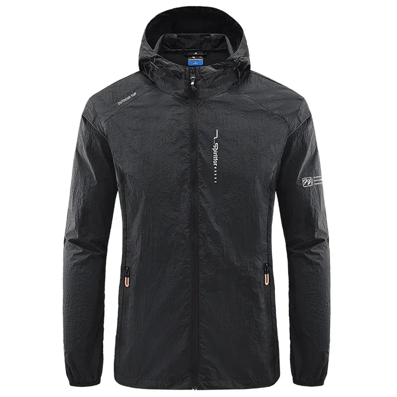 Light grey men's sports jacket by Corporación Turística with UPF50+ sun protection, quick-dry fabric, ideal for hiking and cycling.