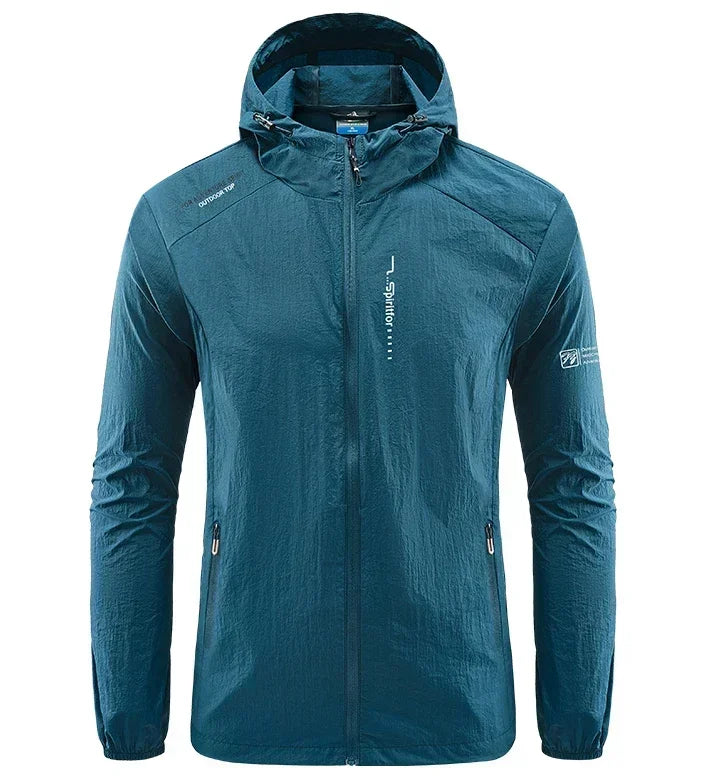 Light grey men's UPF50+ quick-dry sports jacket from Corporación Turística, ideal for hiking and cycling activities.