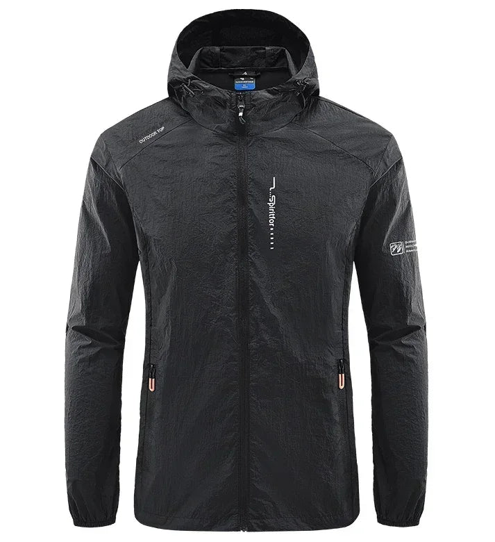 Light grey men's UPF50+ quick-dry sports jacket from Corporación Turística, ideal for hiking and cycling activities.