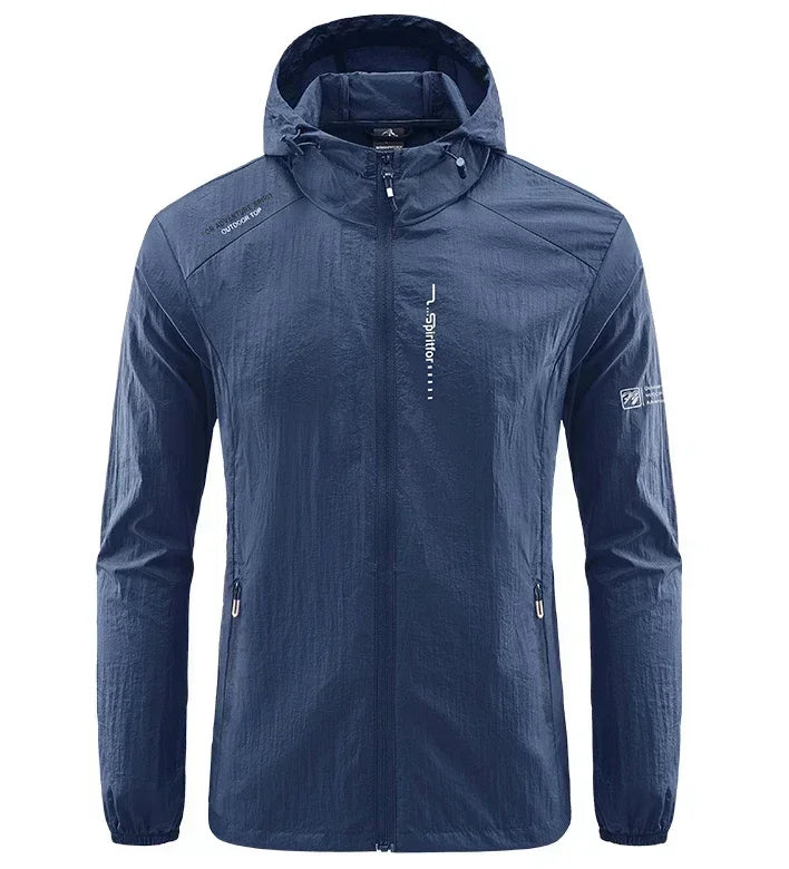 Light grey men's UPF50+ quick-dry sports jacket from Corporación Turística, suitable for hiking and cycling.