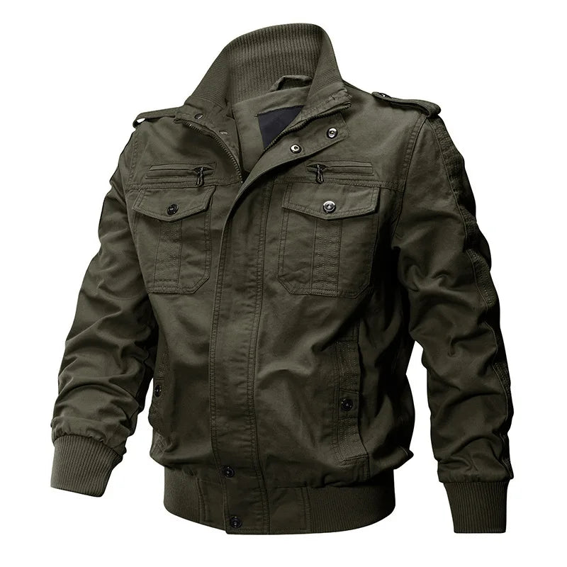 Camouflage cargo jacket for men by Corporación Turística, featuring multiple pockets, ideal for autumn and spring outdoor wear.