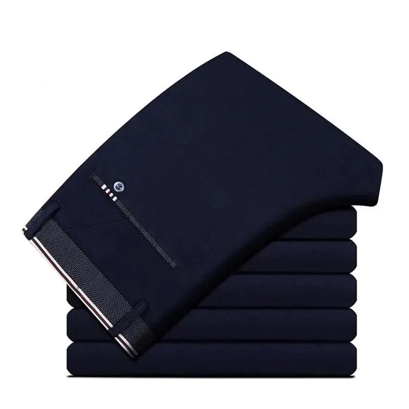 Men's elastic straight pants by Corporación Turística in black and blue, suitable for casual, business, and formal wear.