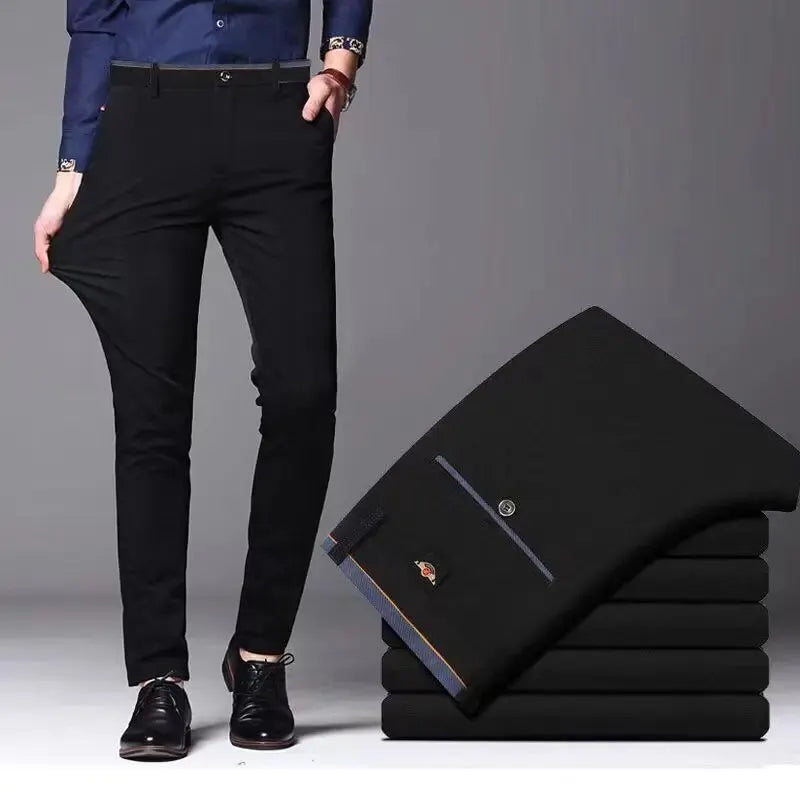 Blue elastic straight pants for men by Corporación Turística, suitable for casual and business wear, shown on a model.