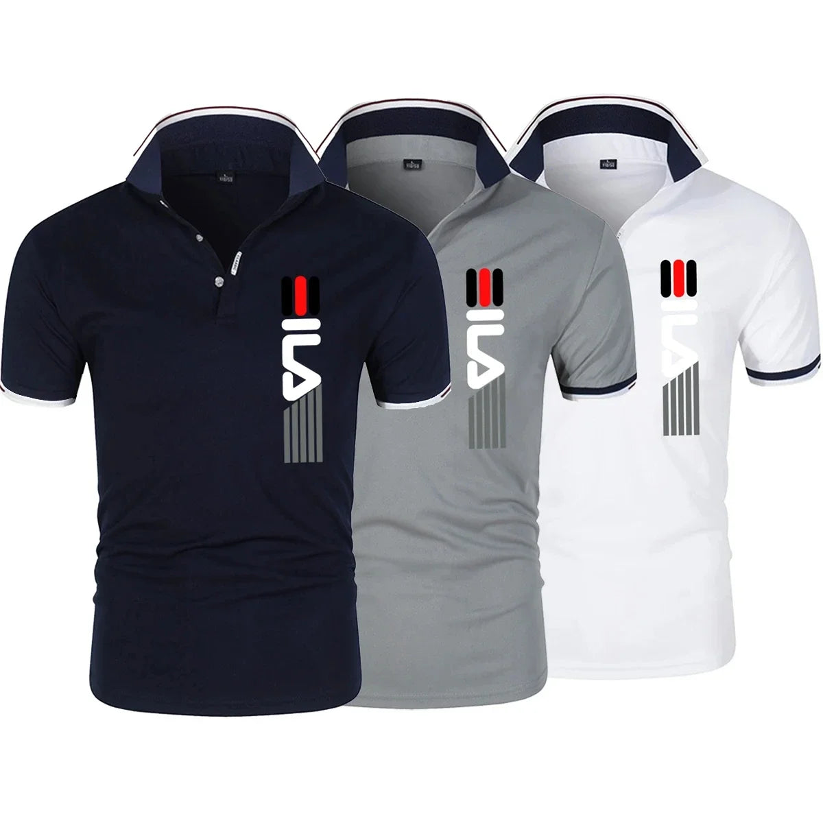 Slim fit men's polo shirt from Corporación Turística with summer 2025 print, suitable for casual or business casual wear.