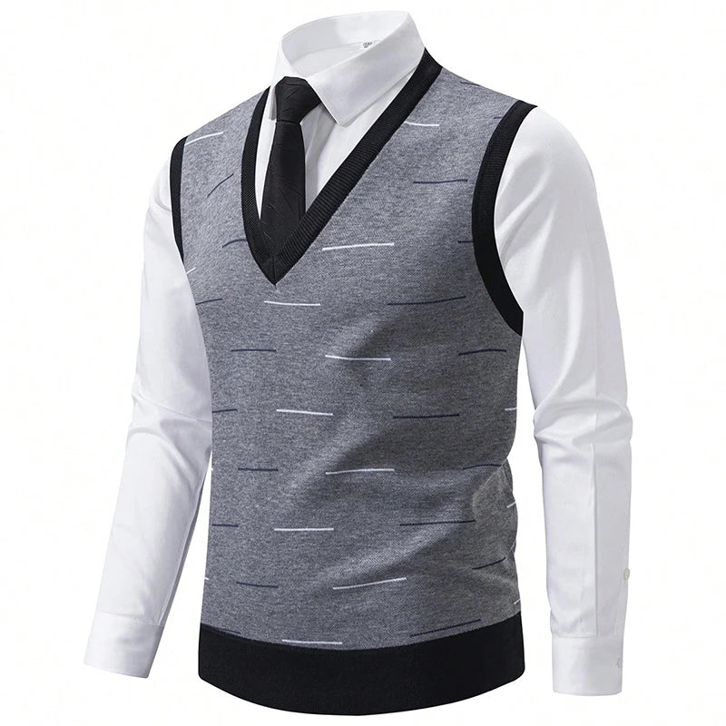 Men's classic grey v-neck sweater vest from Corporación Turística, soft knit fabric, available in size S-2XL.