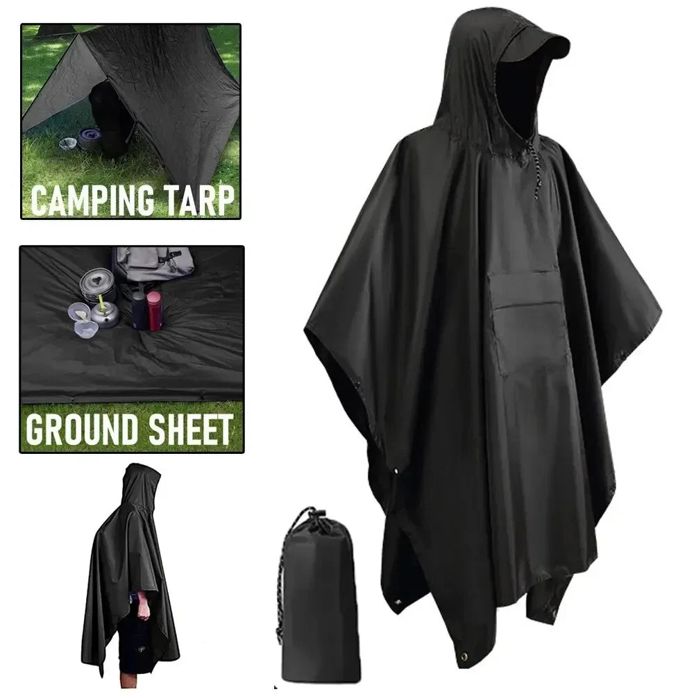 Militar 3-en-1 waterproof rain poncho with hood, black, by Corporación Turística, made for rain protection and outdoor wear.
