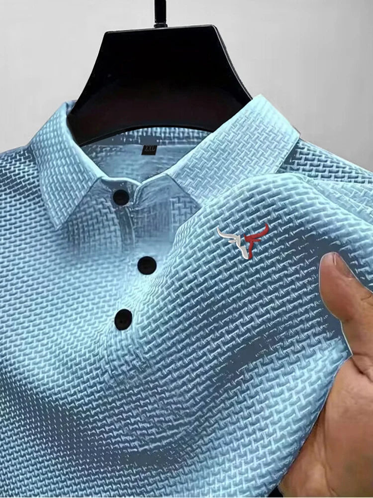 Black men's summer Seda Helada casual T-shirt with short sleeves and lapel, perfect for warm weather from Corporación Turística.