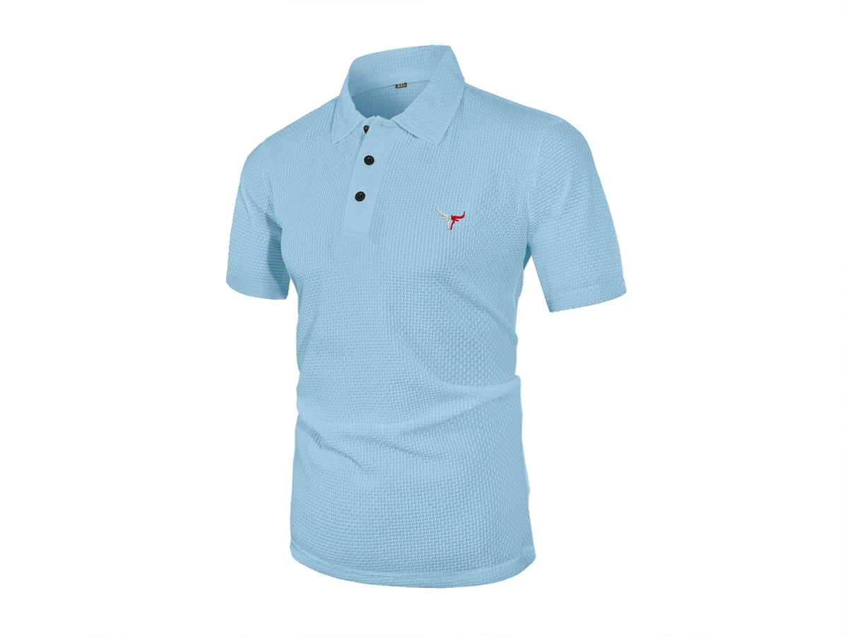 Black men's summer Seda Helada casual short-sleeve T-shirt with lapel from Corporación Turística, ideal for warm weather.