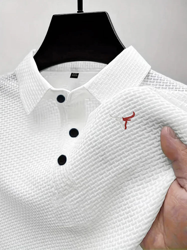 Black men's summer Seda Helada casual short-sleeve T-shirt with lapel from Corporación Turística, ideal for warm weather.